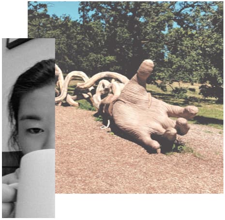 photo of author sipping coffee and photo of giant wooden hand